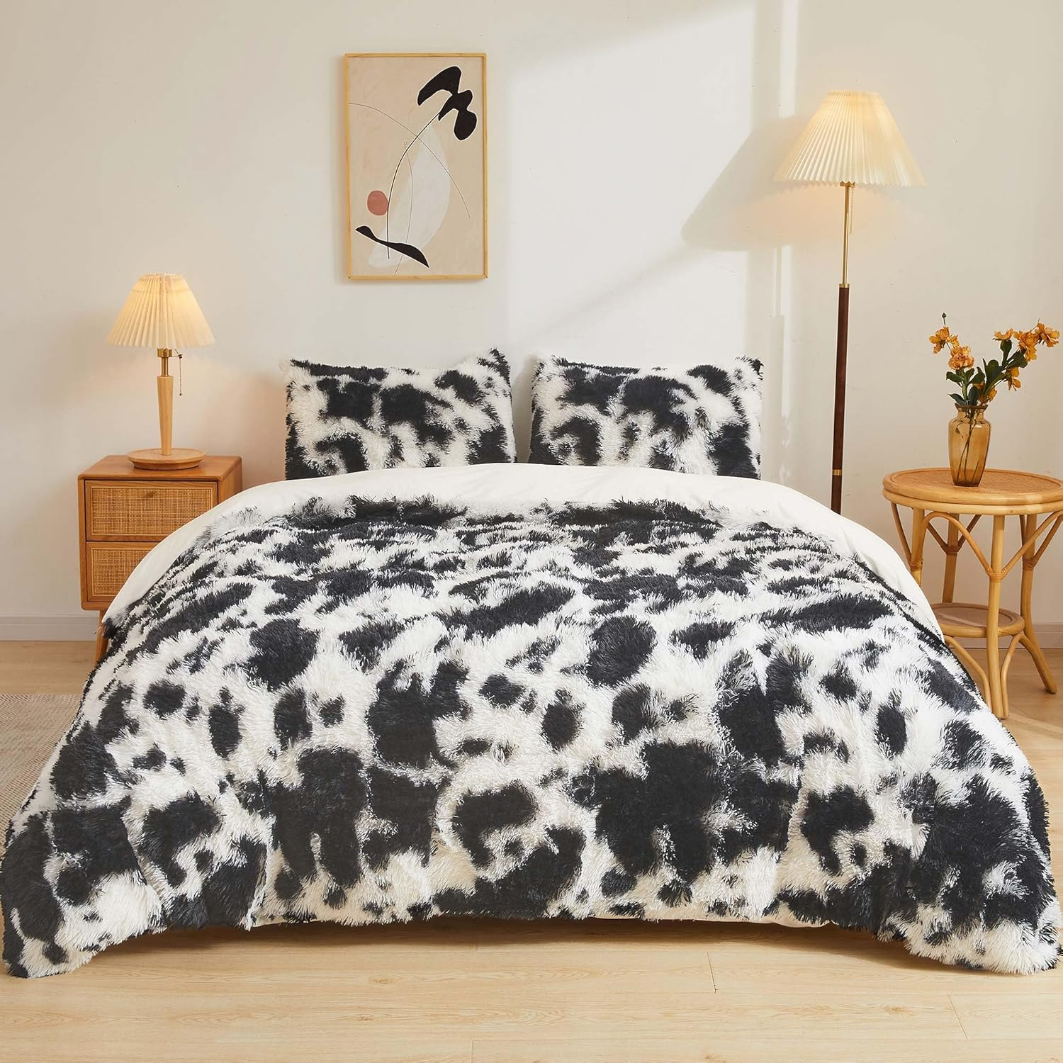 LIFEREVO Cheetah Print Faux Fur Duvet Cover Fluffy Bedding Set, 3 Pieces Soft Plush Fuzzy Comforter Cover Set(1 Shaggy Comforter Cover+2 Furry Pillowcases), Zipper Closure(Queen, Leopard Print Grey)