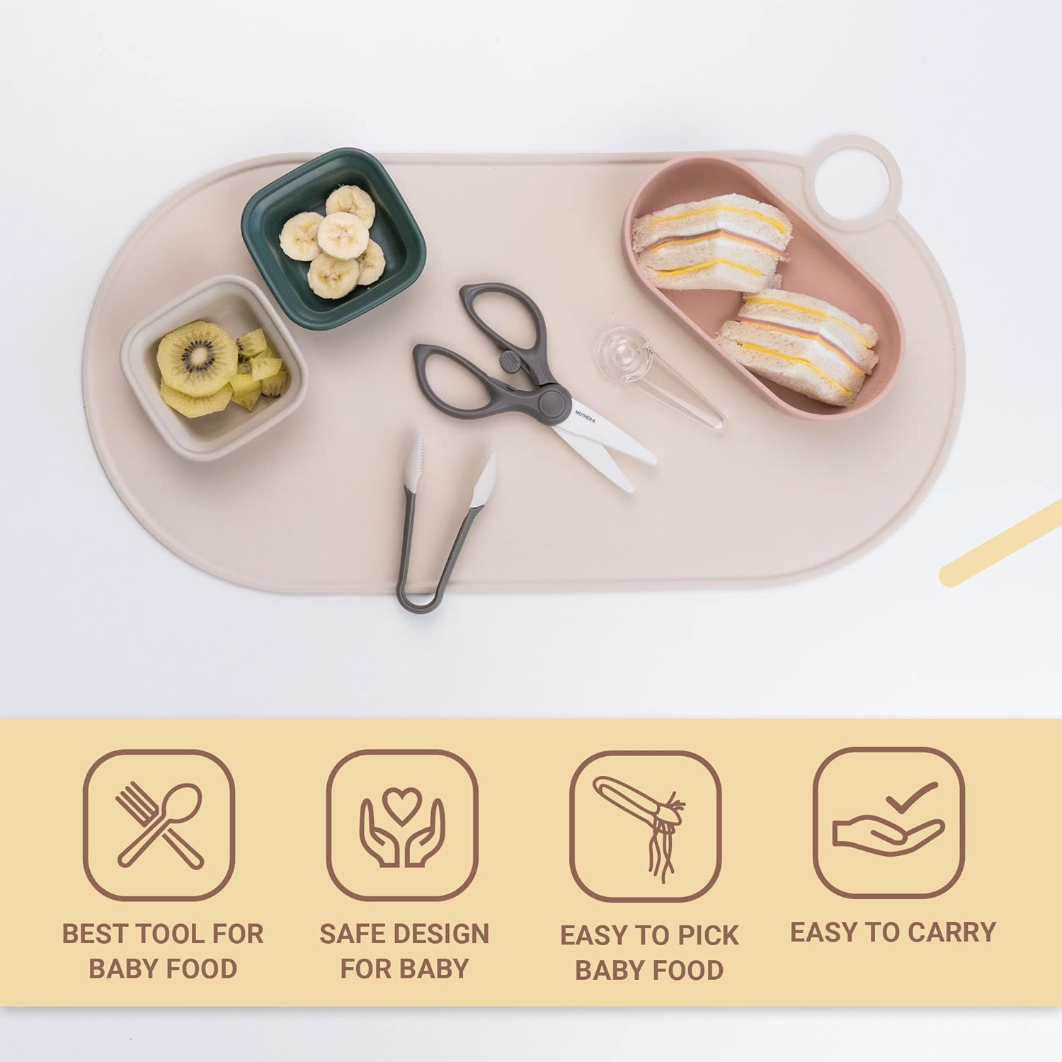 MOTHER-K Portable Ceramic Scissors with Tongs Set, Ceramic Scissors for Baby Food with Protective Blade Cover and Portable Case, Safety Lock (Grey) image number 5