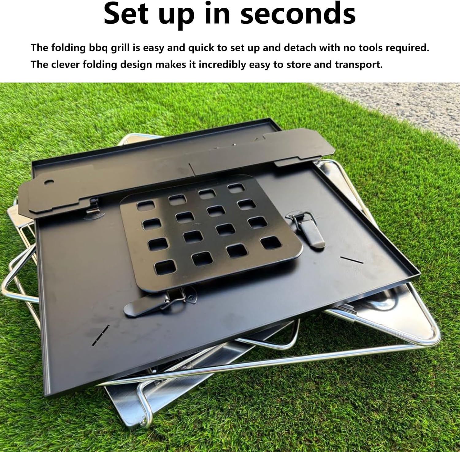 ZOOMTEC Portable Camping Fire Pit, Stainless Steel 304 Folding Firepit 42CM X 42CM with Handle, Height Adjustable & Collapsible BBQ Grill Stove with Carrying Bag & Ash Tray Bracket image number 3