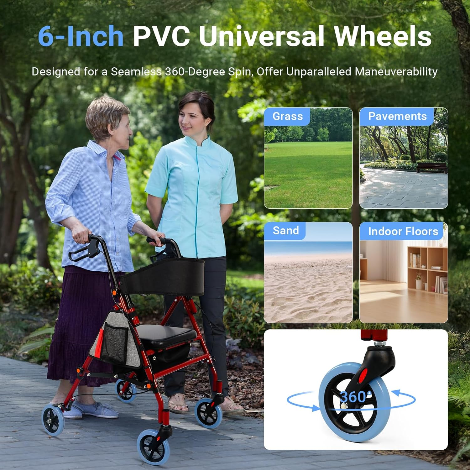 USOR Steel Rollator Walker with Seat Adjustable Handles 6&rdquo; Wheels Foldable Supports up to 140KG Medical Walker for Mobility Impaired Rollator for Seniors