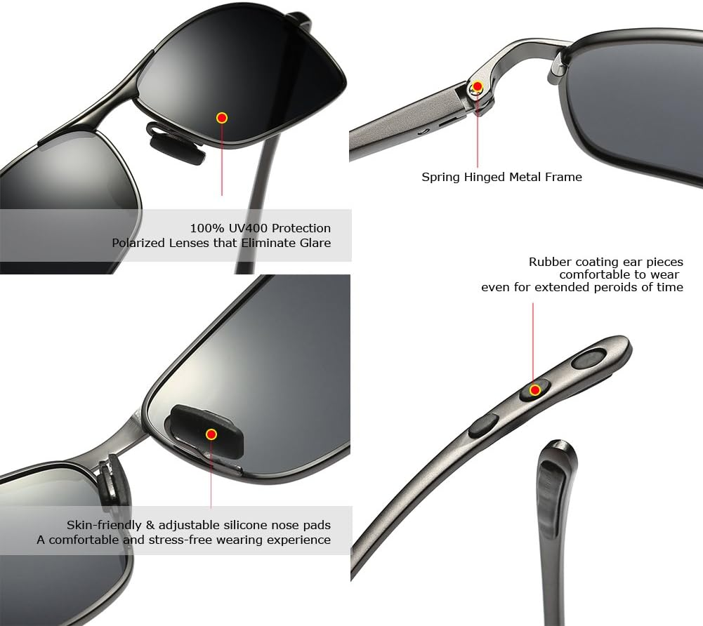 ZHILE Rectangular Polarized Sunglasses Al-Mg Alloy Temple Spring Hinge UV400 (Gunmetal, Gray) image number 3