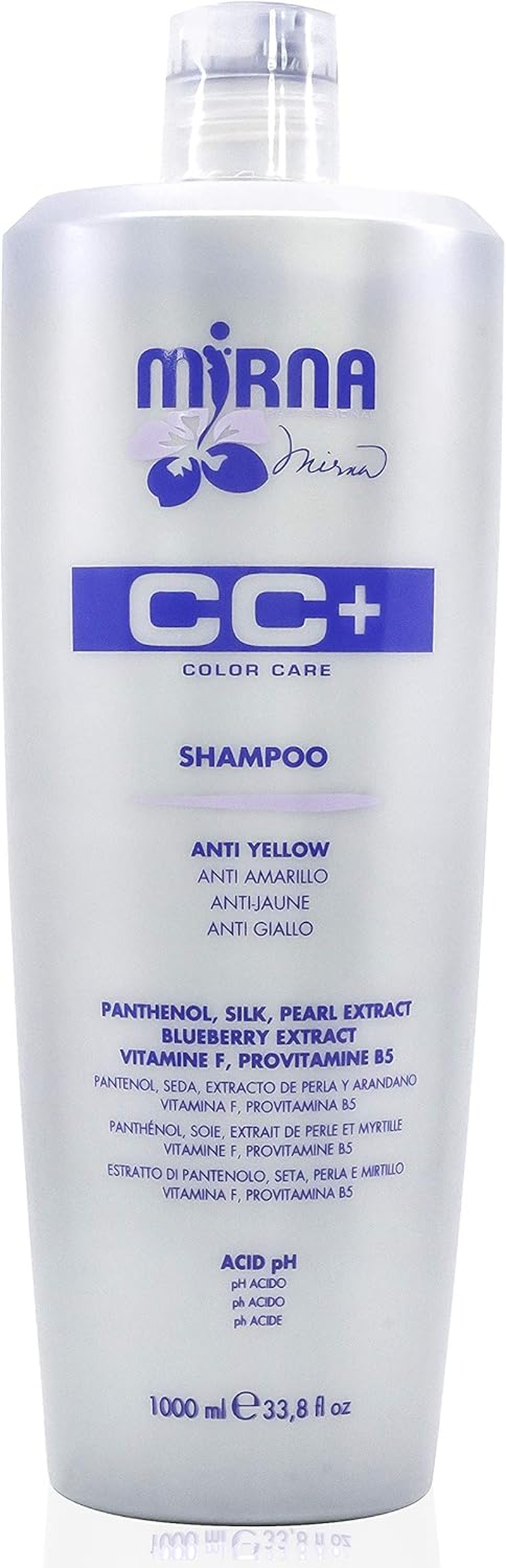 Mirna Professional anti Yellow Color Care Shampoo. Delicate Ph Acid Formula, Also Contains Vitamin F, Provitamin B5 Panthenol, Silk and Pearl Extracts. Enriched with Blueberry Extract. 1000Ml / 33.8Oz image number 1
