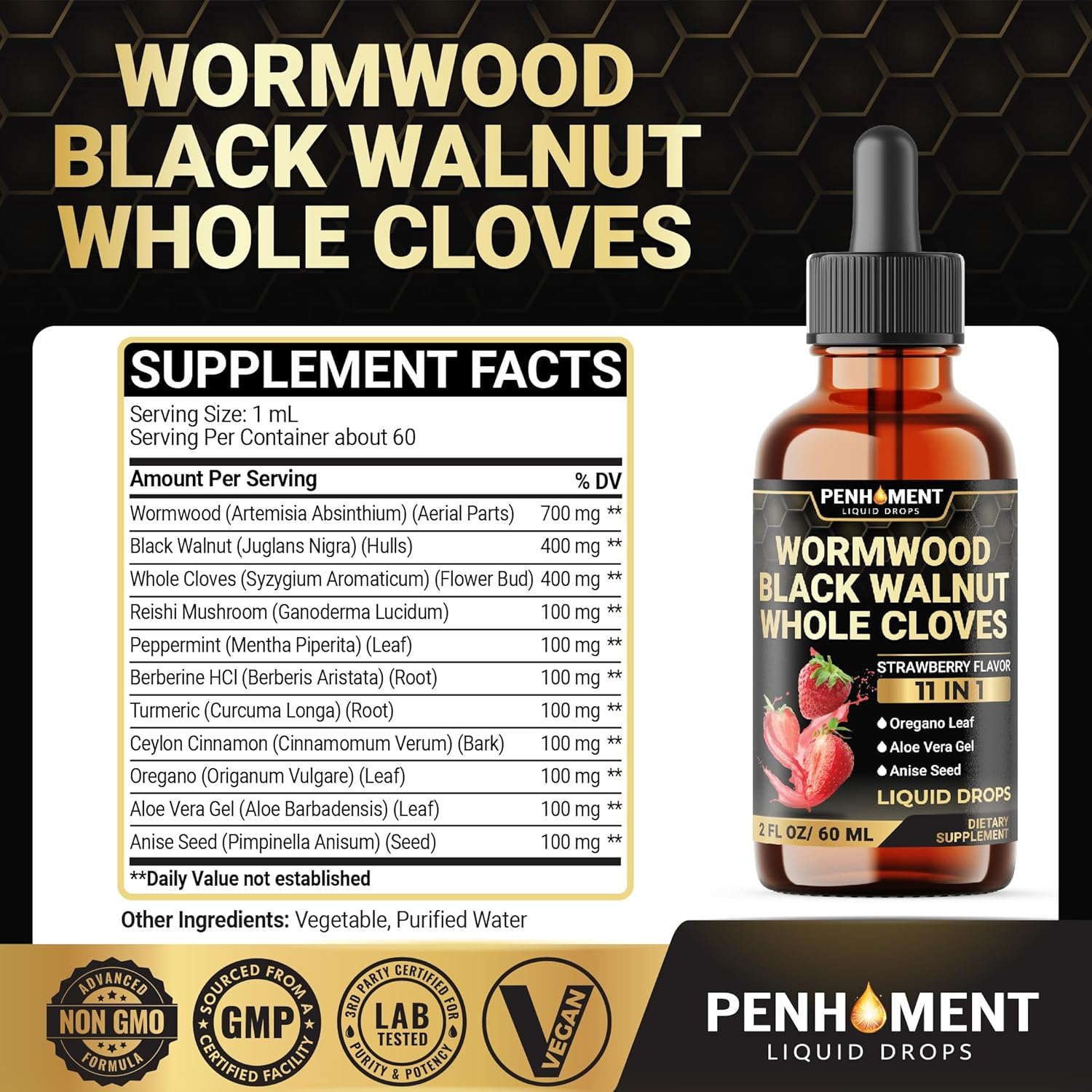 Penhoment 11In1 Wormwood Liquid Drops - Black Walnut Wormwood Liquid Extract with Whole Cloves, Reishi, Peppermint, Oregano, Aloe Vera, Anise Seed - 2 FL OZ - 60 Days Supply - Strawberry Flavor