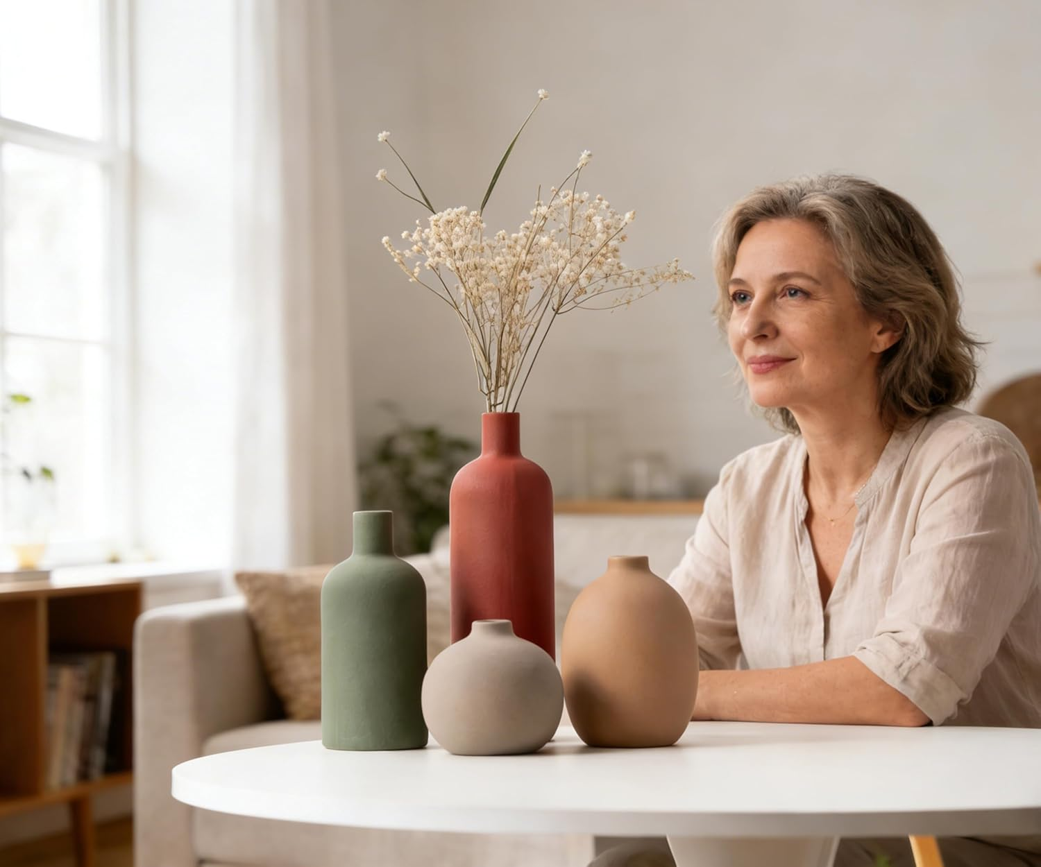 Ceramic Vase Set of 4, Classic Matte Flower Vases for Home Decor, Bookshelf, Bathroom, Living Room (Red/Green/Dark Brown/Grey) image number 5