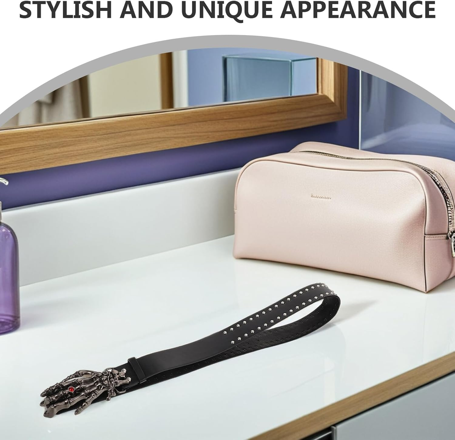 GLSTOY Black Studded PU Leather Belt with Skull Buckle Unisex Punk Rock Rivet Waistband for Women Men Adjustable Faux Leather Skeleton Waist Belt for Costume and Nightlife image number 5