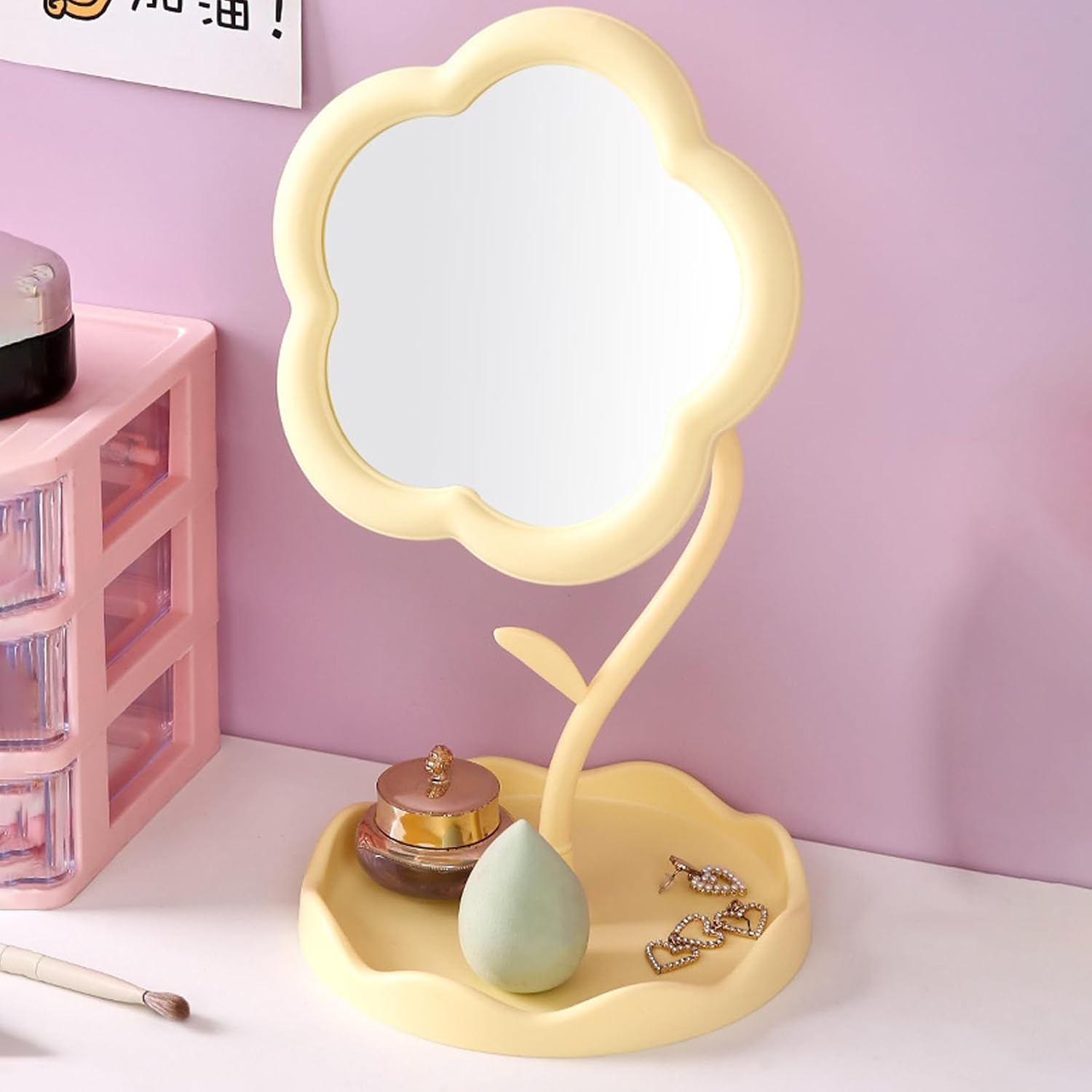 Taoluwin Tabletop Vanity Mirror, 360&deg; Adjustable Makeup Mirror with Storage Tray, Thickened PP Portable Mirror for Bedroom Living Room and Makeup Desk (Yellow) image number 1