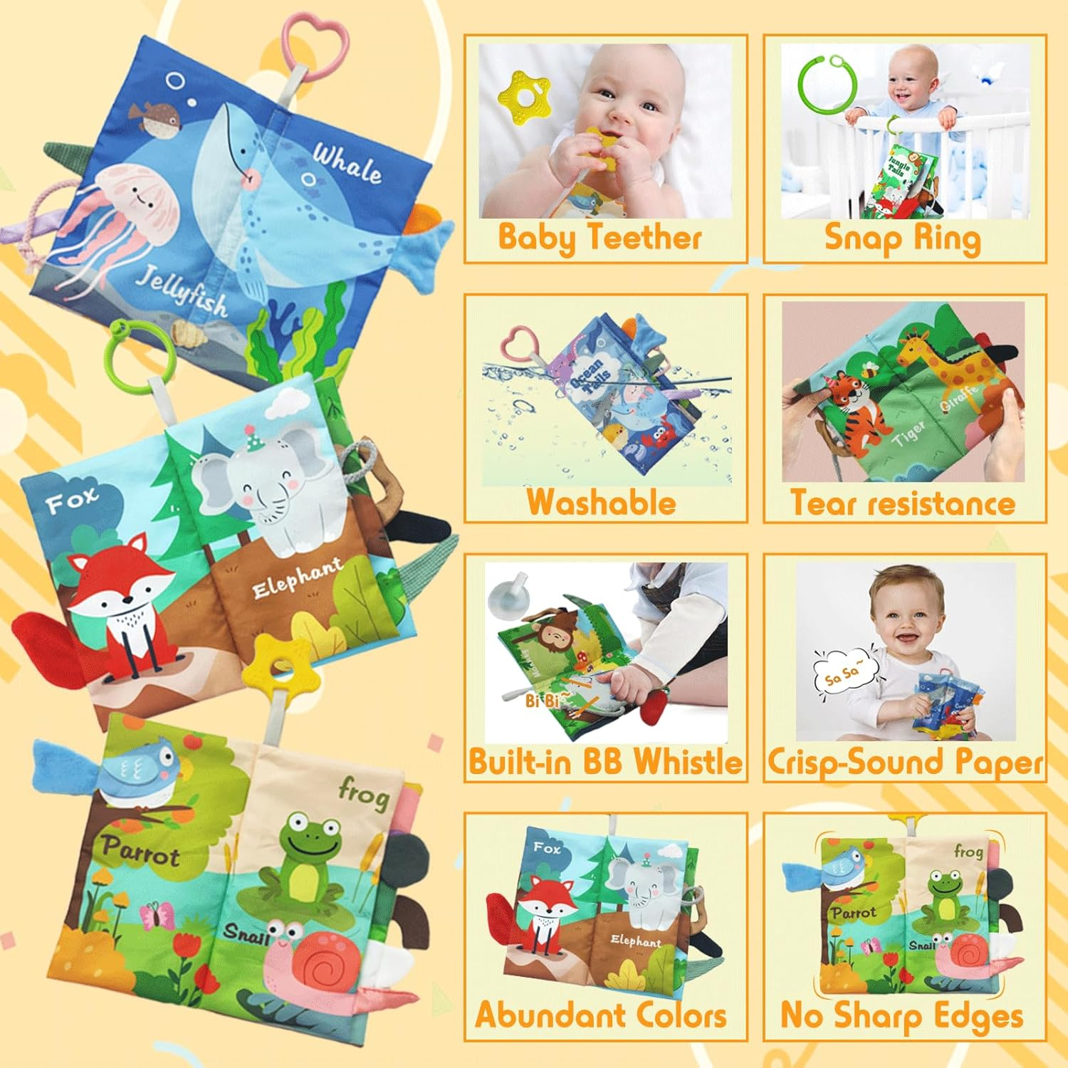 PELOSTA Baby Book Toys 0-6-12 Months, 3PCS Touch Feel Crinkle Books for Infants Newborns,Baby Sensory Toys for Tummy Time/Stroller/Car Seat,Montessori Learning Toy for 3 6 9 12 Months image number 2