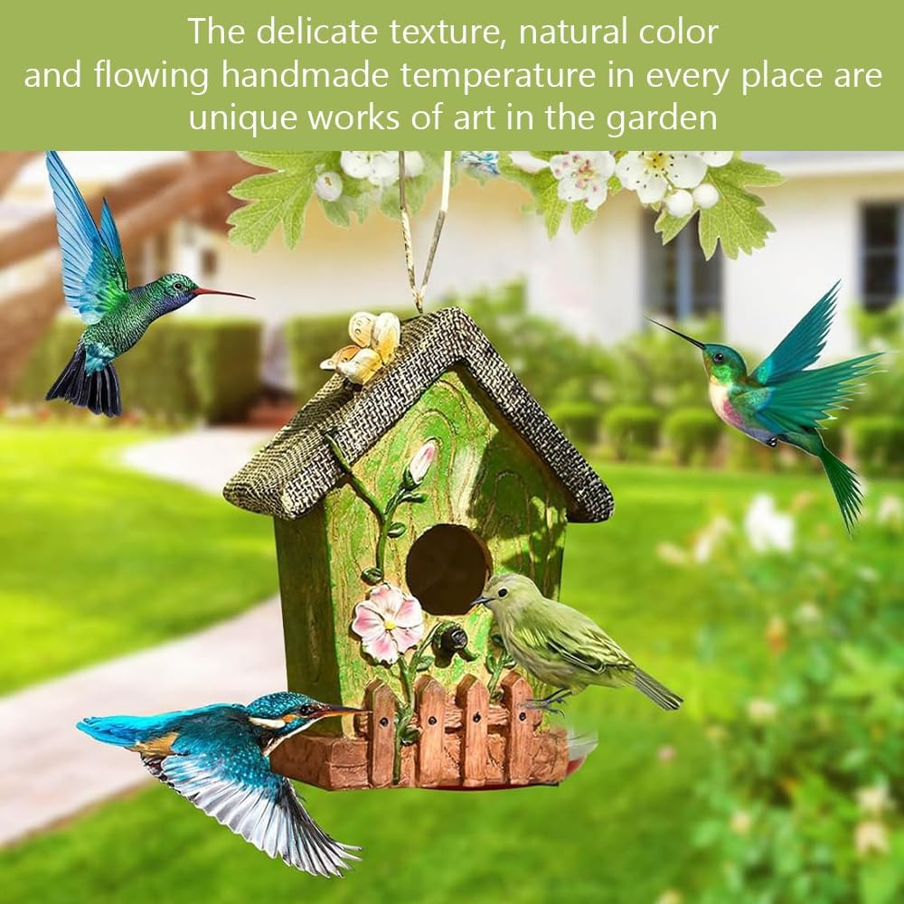 Birdhouse Decoration,Hanging Bird House,Bird Nest Box,Resin Animal House, for Garden, Courtyard, and Outdoor Decor,With Ladybug and Butterfly Statue for Yard Porch Decoration,Green image number 2