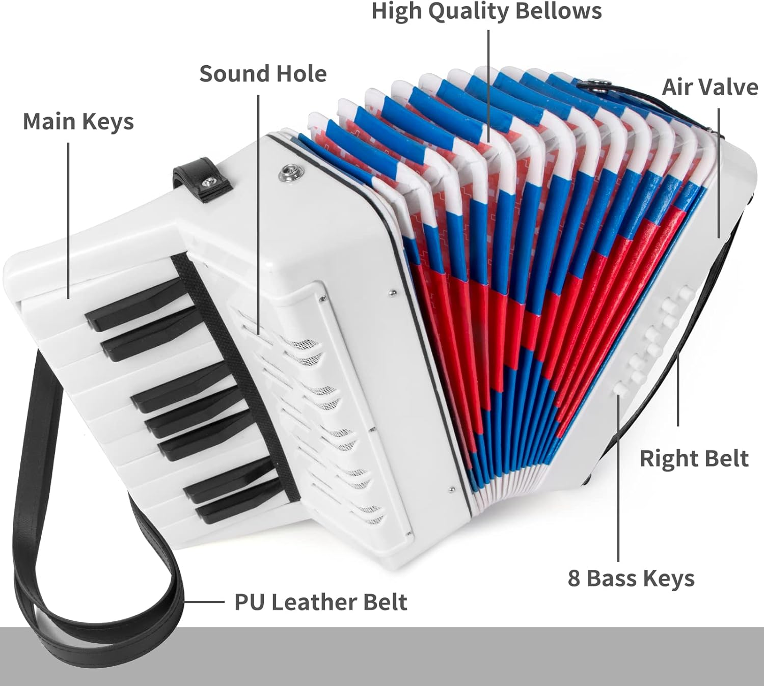 Accordion, 17 Keys Piano Accordion for Kids 8 Bass with Straps for Beginners Student Educational Musical Instrument (White) image number 5