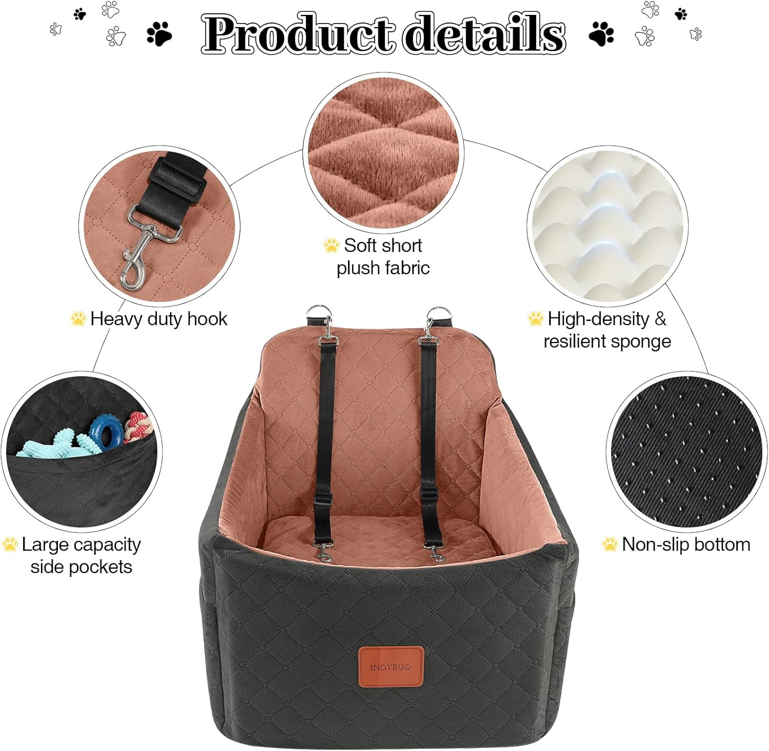 INDYBUD Dog Car Seats for Small Medium Dogs, Portable Detachable Washable Puppy Car Seat for Dog up to 35Lbs, Pet Booster Seat with Storage Pockets and Safety Belt (Black/Brown, Medium) image number 4