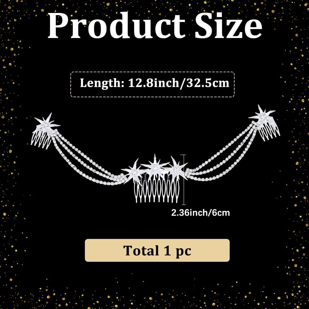 CABODYALS Silver Hair Comb with Multilayer Rhinestone and Star Fashionable Crystal Tassel Fringe Chain Tendrils Headpiece Heavenly Glitter Hair Clip Headband Jewellery for Women Wedding Party Outfi image number 2