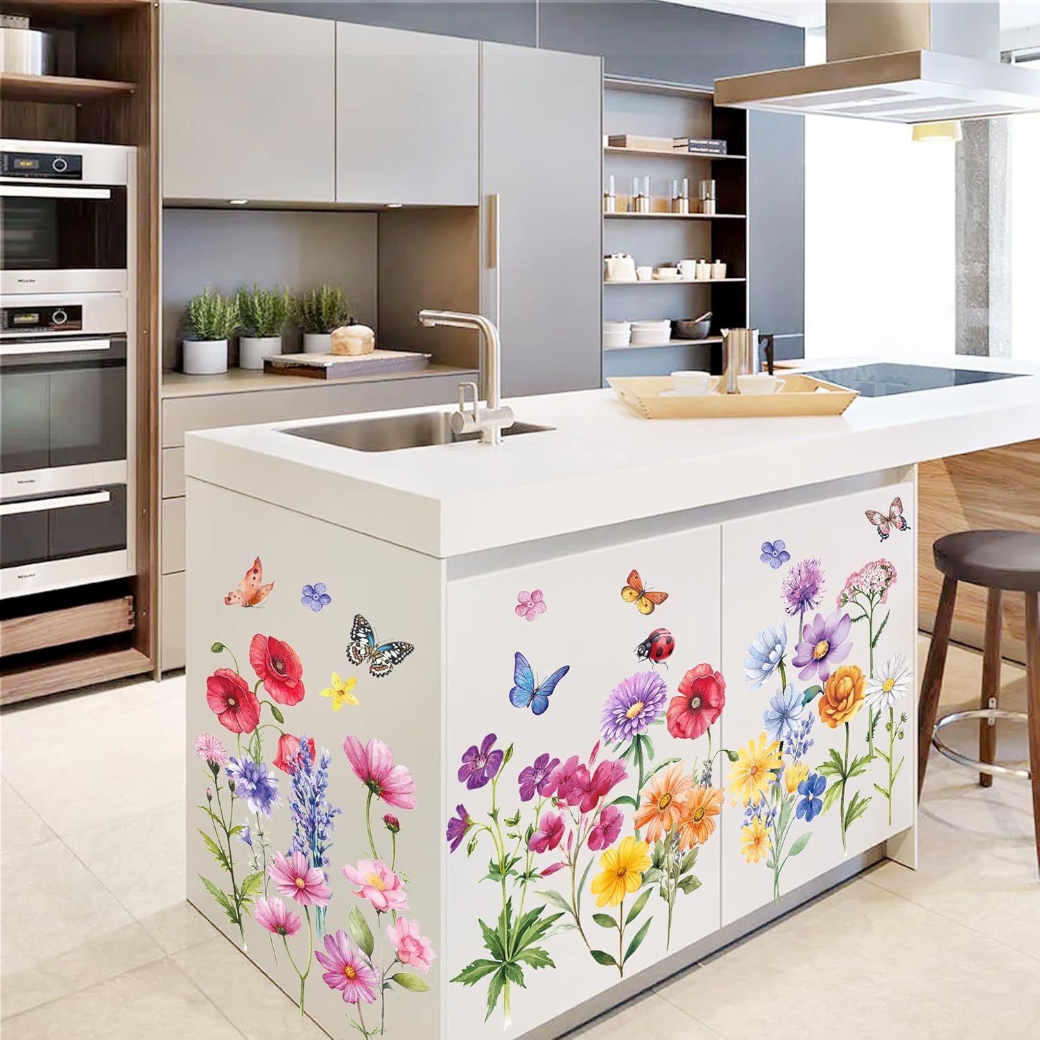 Garden Flower Wall Stickers - Butterfly, Daisy, Wildflower Plants Decals for Bedrooms, Living Room, Nursery, Home Office, Sofa Decorations image number 2