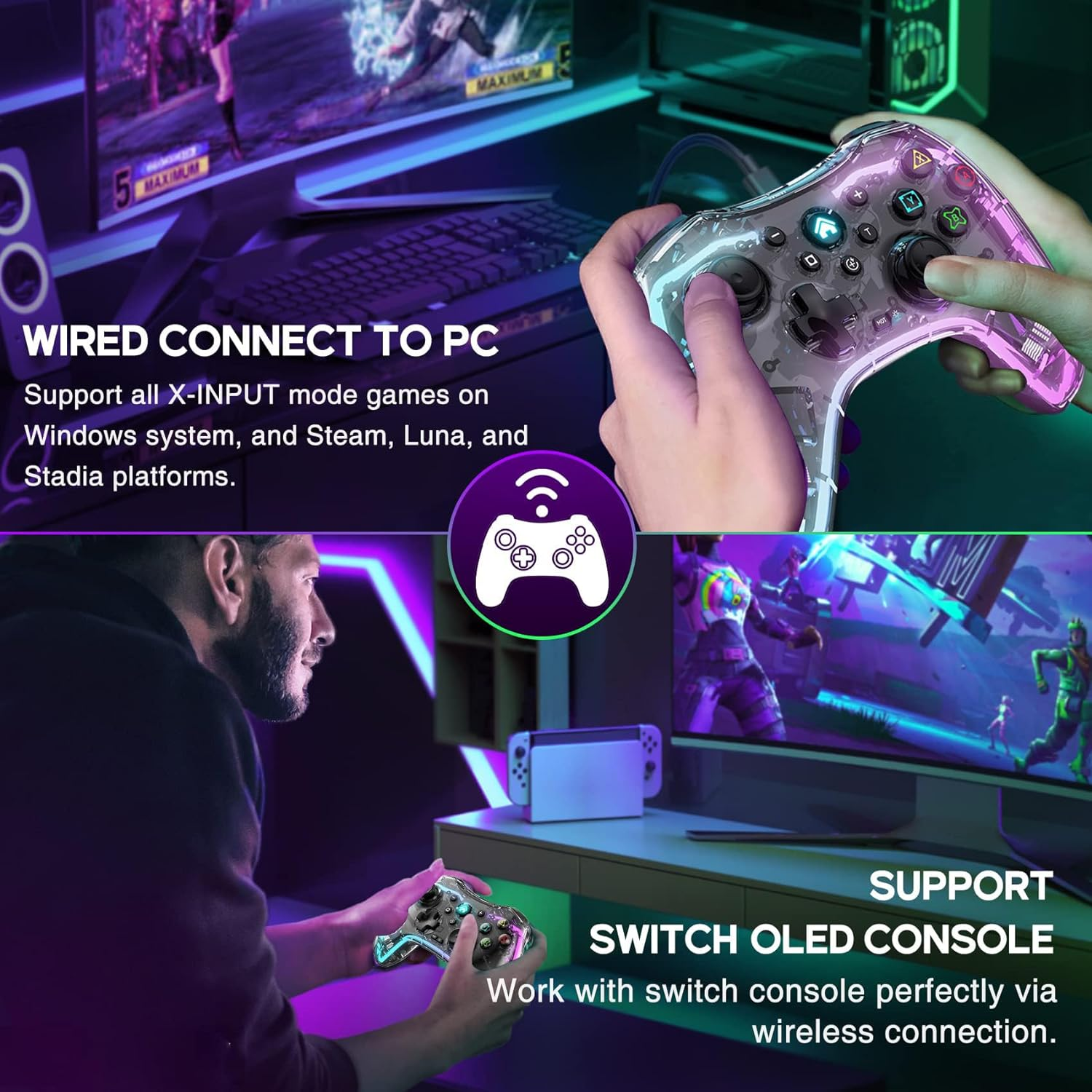 Clear Wireless Switch Pro Controller for Nintendo Switch Controller/Oled/Lite, Programming Replacement for Swit Ch Controllers Support Pc/Android/Ios, Cool RGB LED, Transparent Swit Ch Remote with Turbo image number 4