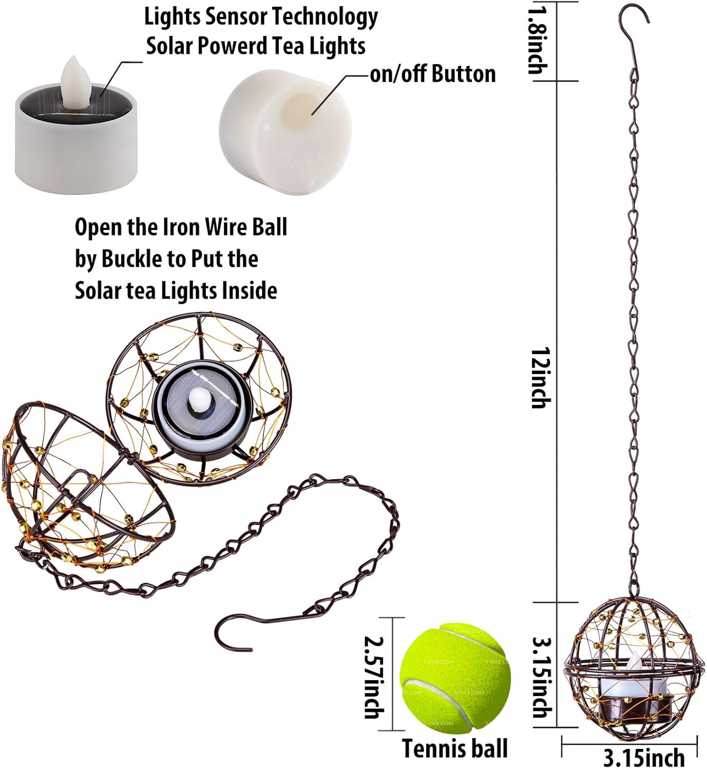 Outdoor Solar Hanging Lanterns Waterproof, Globe Hanging Candle Holder with Flickering Solar Powered Tea Lights, Chargeable Chandelier Light for Backyard Patio Garden Fence Tree Decoration-4Pack image number 3