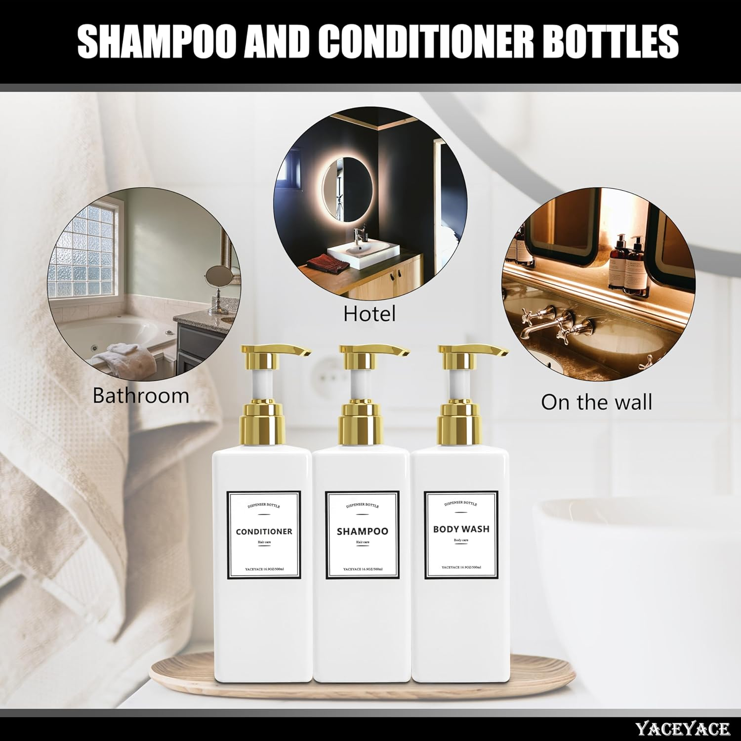 White Shampoo and Conditioner Dispenser, 500Ml Set of 3 Empty Black Shower Bottles with Pump, Shampoo Bottles for Bathroom, Kitchen, Solon image number 5