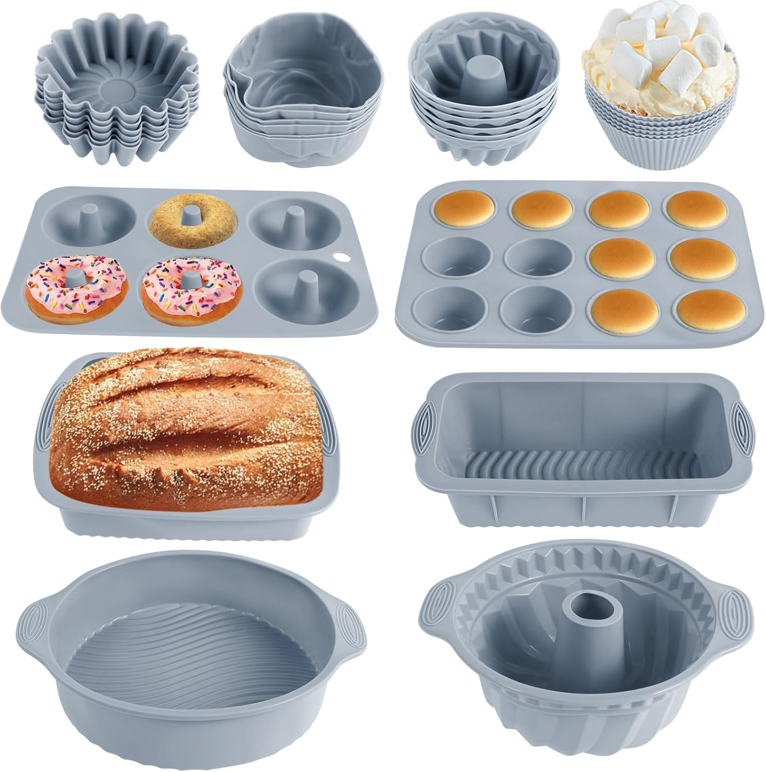 30Pcs Silicone Bakeware Set Including Baking Pan Silicone Cake Mold Baking Sheet Donut Pan Silicone Muffin Pan Cake Pan and 24 Silicone Cupcake Mold Baking Cup Heat Resistant Bakeware Tools Kit (Gray) image number 3