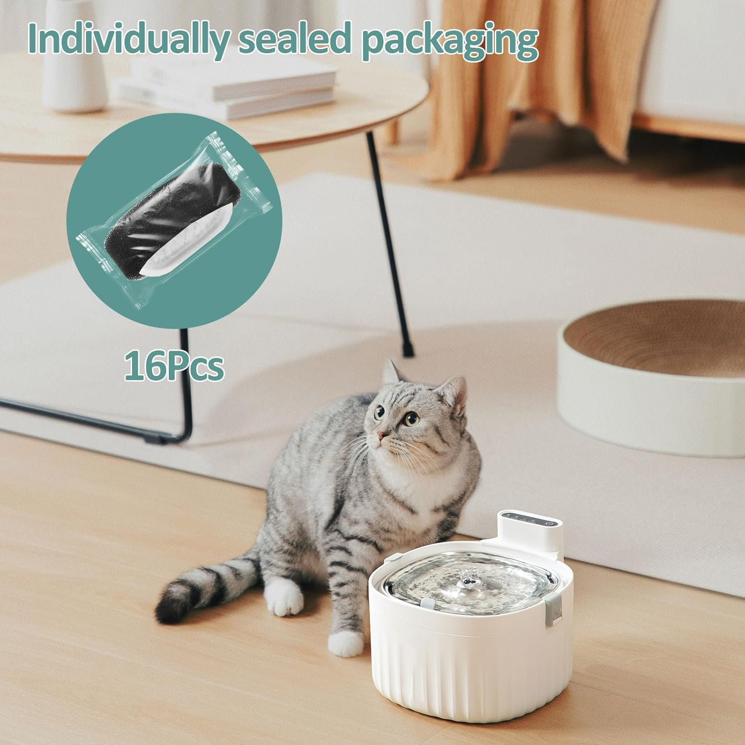 ZFLYCANP 32 Pcs Safe Cat Water Fountain Filters, Easy to Use Cat Fountain Replacement Filters with 16 Sponge for 67Oz 108Oz Stainless Steel Pet Water Dispenser image number 4