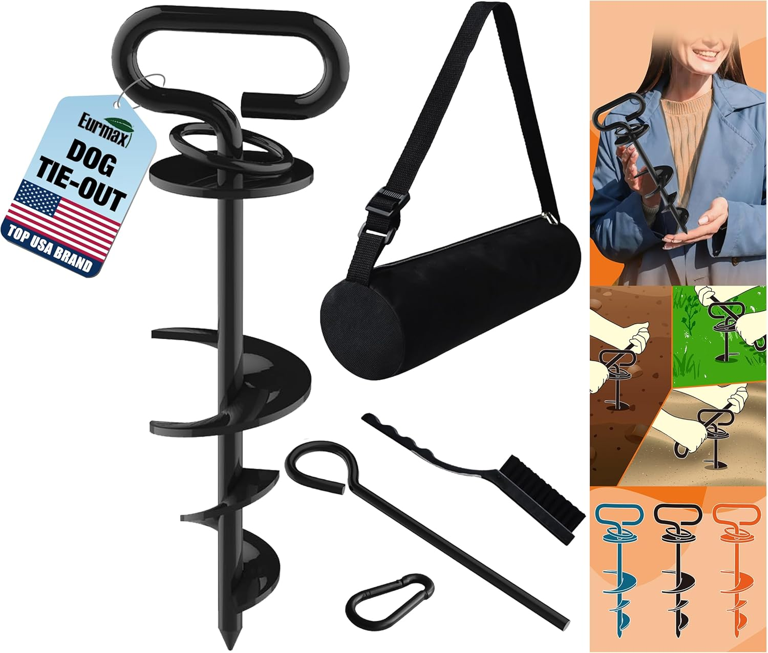 Eurmax USA Heavy-Duty Dog Tie Out Stake - Easy Installation Yard Leash Anchor for Outside, Portable Camping Ground Anchor for Large Dogs, Trampoline - 1-Pack (Black)