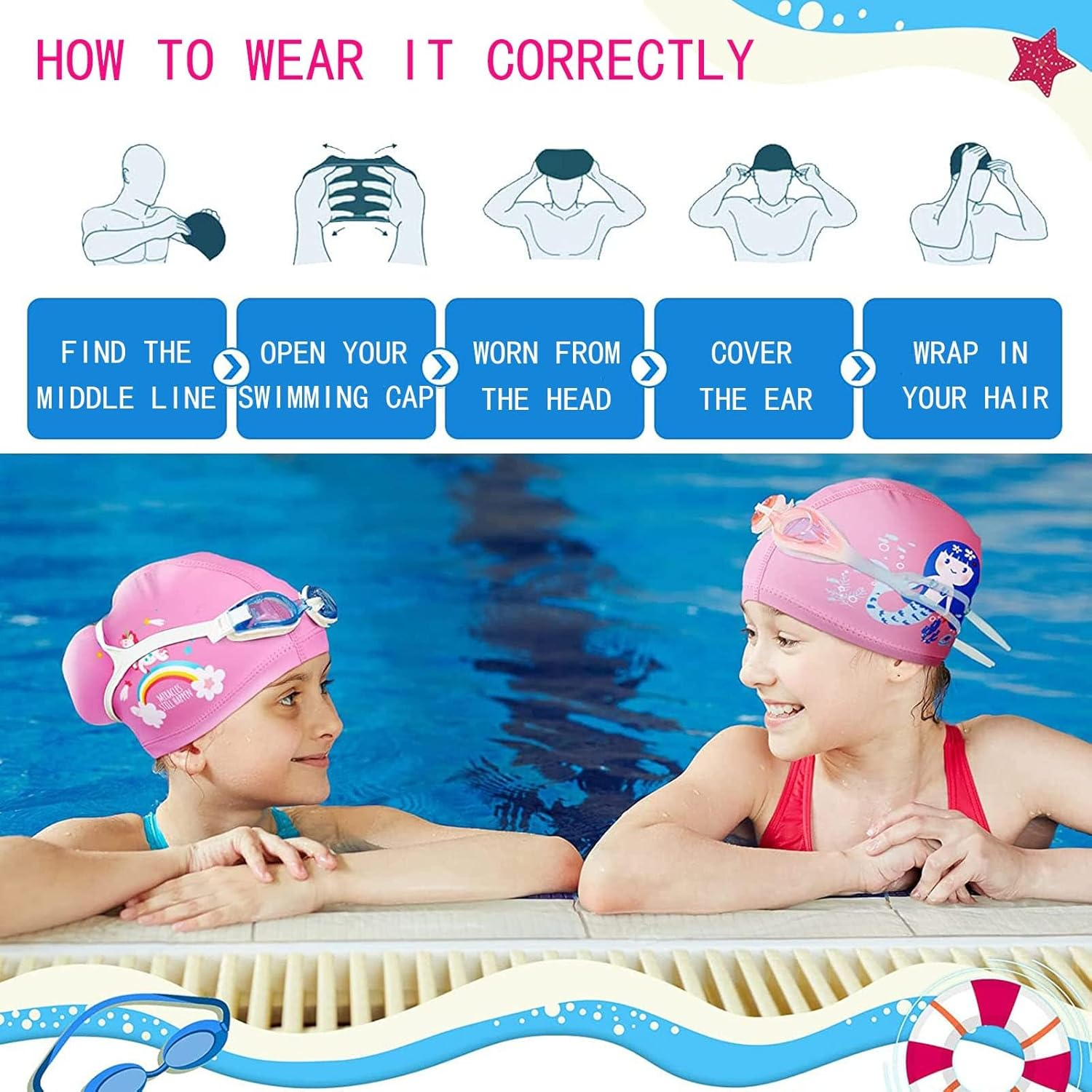2 Pieces Swimming Cap Kids, Swim Cap Kids Long Hair, Waterproof Polyester Bonnet De Bain for Kid, Cartoon Mermaid Unicorn Kid Swim Cap, Kids Swimming Caps for Aged 2-12 Girls Teens image number 5