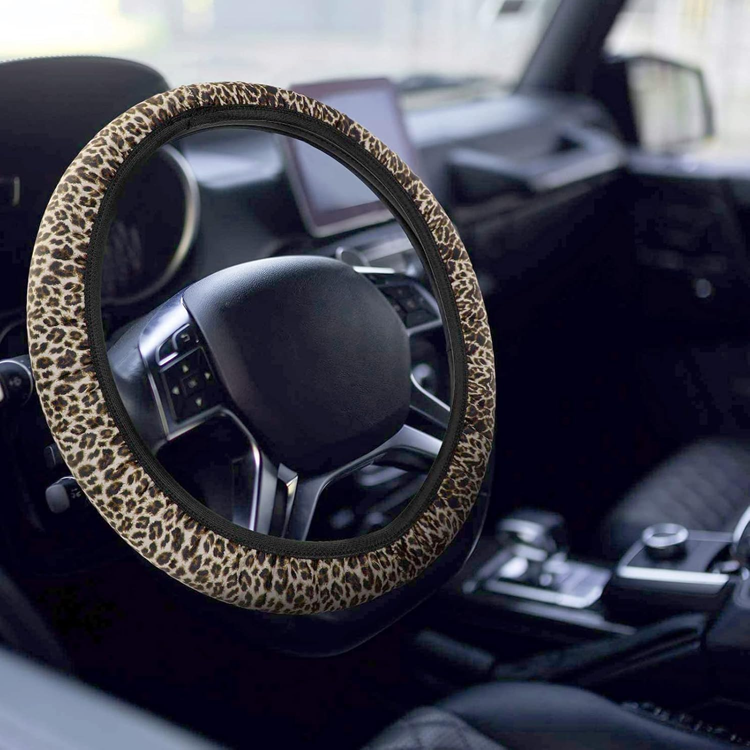 Aulufft 23 PCS Leapord Print Car Assecories, Include Seat Cover Leopard Steering Wheel Cover, Central Control Armrest Pad, Car Coasters and Keychain Holder, Headrest Covers, Ventilation Hole Decor image number 2