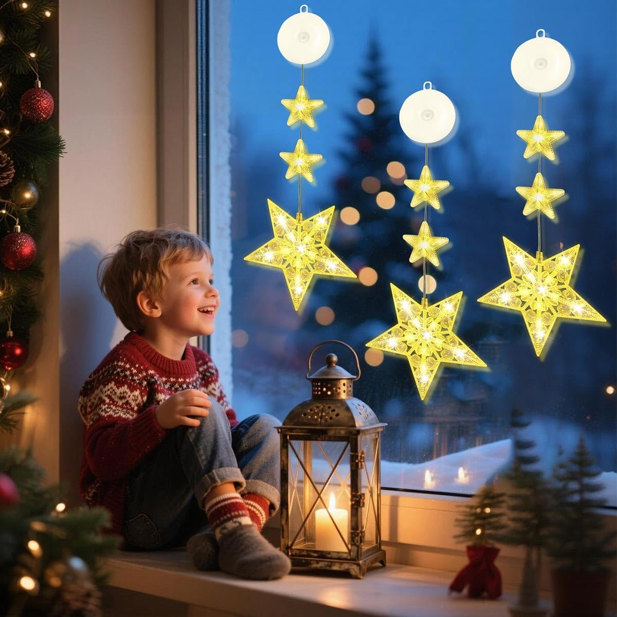 LGZIN Christmas Lights Window Indoor, Pack of 3 LED Stars Christmas Lights, Christmas Decoration Window Indoor Fairy Lights with Suction Cup, Christmas Decoration Window Illuminated Warm White For