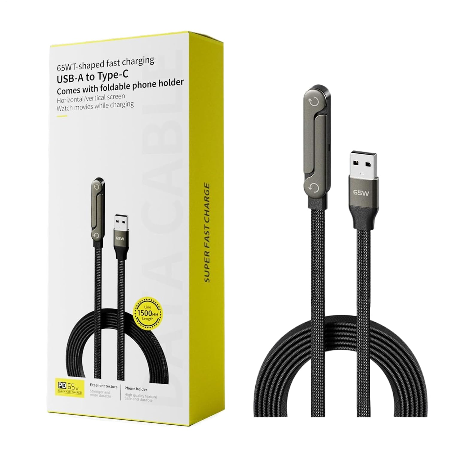 Qkbuza 2-In-1 Invisible Holder Charger Cable with Stand Fast Charging Cord with Built-In Phone Stand 1.5 M Flexible Cord for Smartphones,Tablets,Laptops,Enjoy Hands-Free Video Browsing