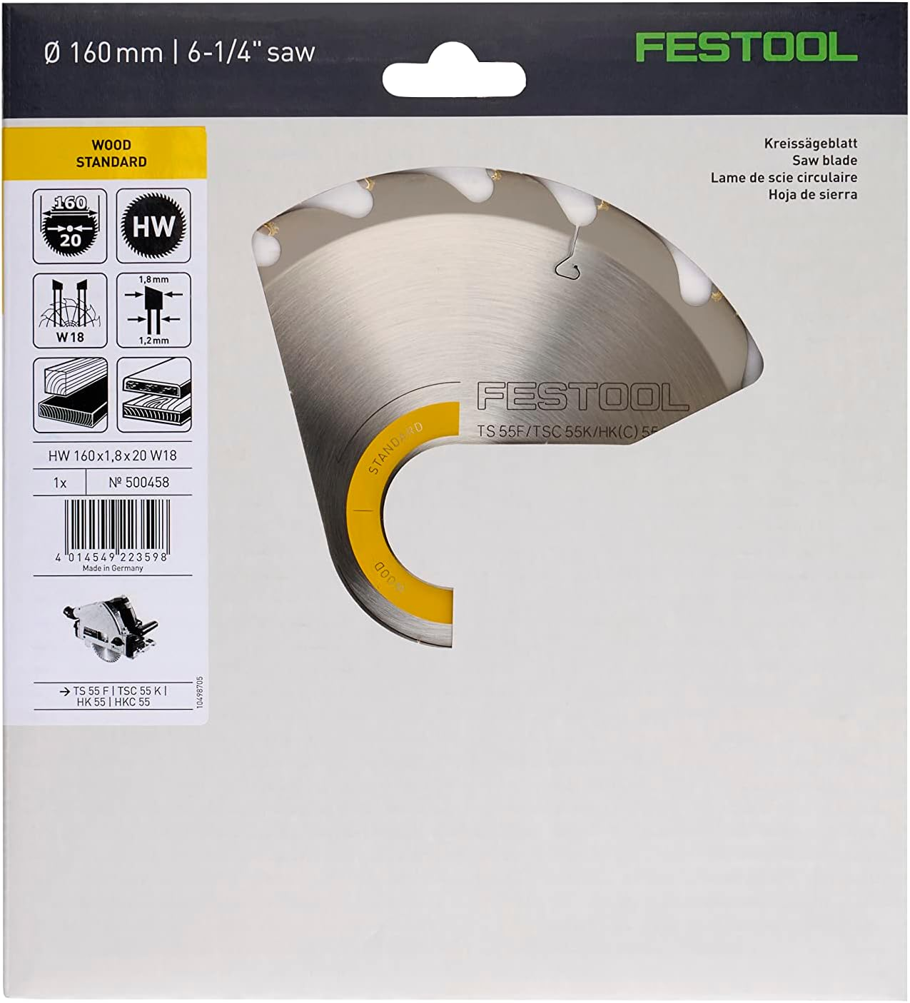 Festool 160X1,8X20 W18 Standard Saw Blade - Metallic
