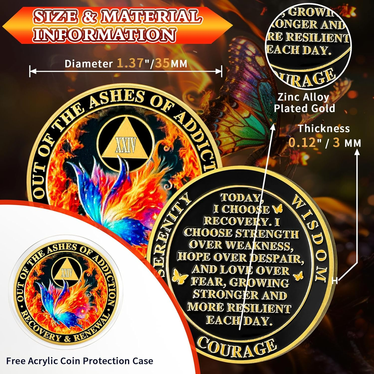 Butterfly in the Fire 24 Year Sobriety Coin, Recovery & Renewal AA Medallion - Celebrating Recovery Anniversary Tokens, Alcohol Free Sobriety Gifts for Women Men - 11 Year Sober image number 2