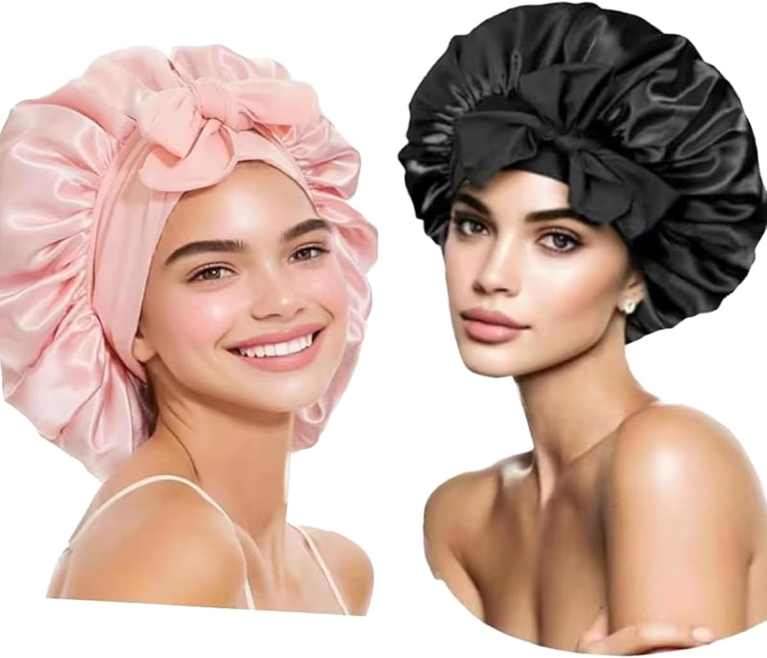 2 Pcs Large Silk-Like Bonnet for Sleeping, Satin Hair Bonnet for Sleeping with Tie Band, Silky Soft Night Satin Bonnets for Women Men Natural Curly Hair Shower Cap,Imitation Silk Sleep Cap image number 4