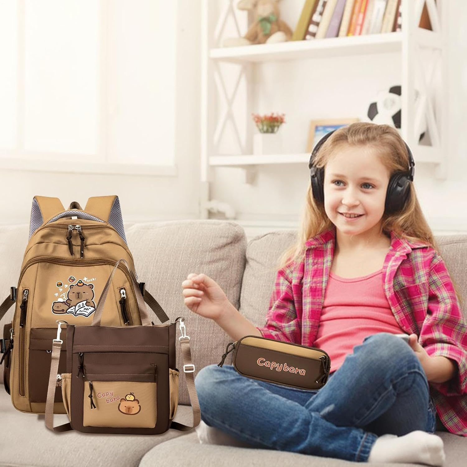 Jsnwernb Cute Capybara Backpack - Large Capybara Kids Cartoon Backpack - Waterproof Bookbag Pencil Bag Kit for Laptop Tablet Daily Christmas Travel Water Bottle Books Stationery Students