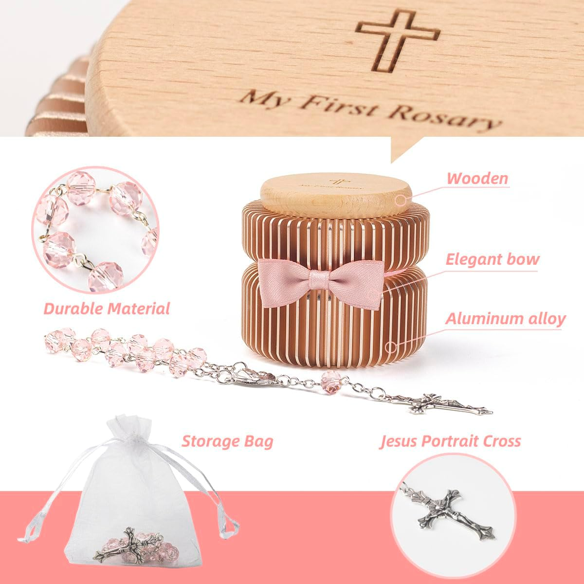 Catholic Baptism Gift Set My First Rosary & Aluminum Alloy Keepsake Box, Catholic Baptism Gifts for Baby Girl or Dedication Baptism Gifts for Girl or Kids (Pink Gold)