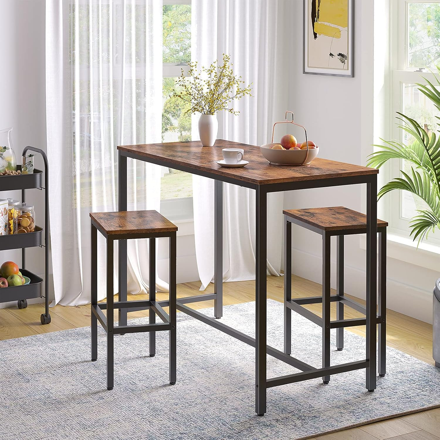 HOOBRO Dining Table Set, 120 Cm(47.2 Inch) Rectangular Pub Bar Table and 2 Bar Stools, 3-Piece Breakfast Table Set, Kitchen Living Room, Dining Room, Sturdy Metal Frame, Rustic Brown BF52BT01 image number 1