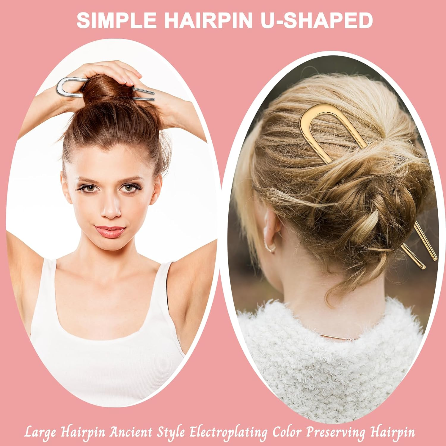 YONOY 3Pcs Metal French Hair Pins,U-Shaped Long Chignon 2 Prong Sticks for Buns, French Twist Hair Pin, Hair Sticks, Hair Fork(Black, Gold, Silver)