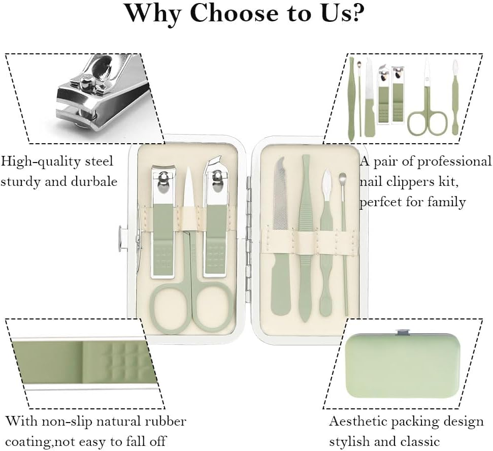 Nail Clipper Set,7 in 1 Christmas Green Stainless Steel Nail Clipper Manicure Set,Fingernail & Toenail Grooming Kit Tweezers Eyebrow Scissors for Mens and Women,Travel Size Nails Care Tools with Case - Green image number 3