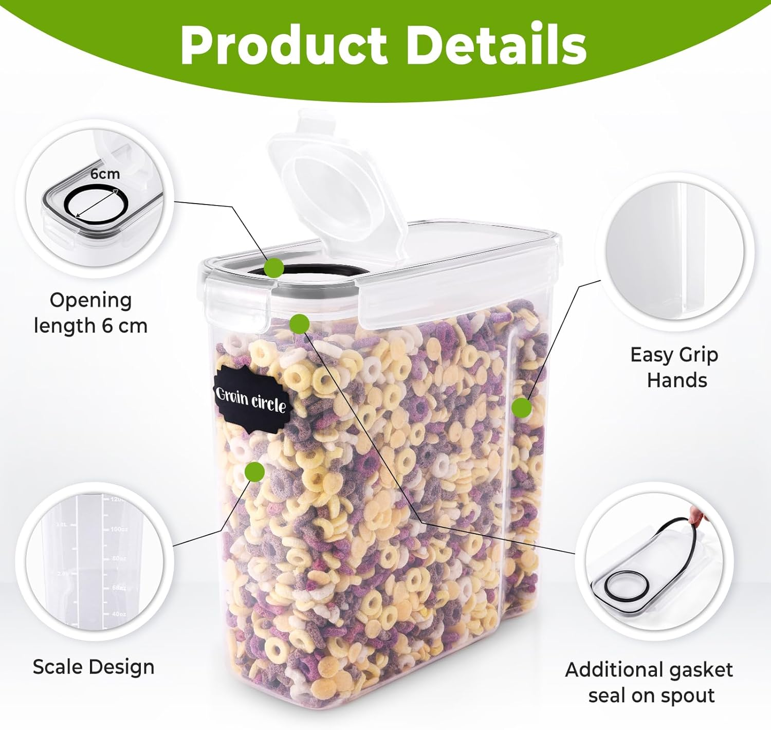 Feshory 4 Pack Cereal Containers Storage (4L/135.2Oz) - Airtight Food Storage Containers, Cereal Dispenser for Pantry & Kitchen Storage Organisation with 8 Labels and Marker (4 X 4L) image number 2