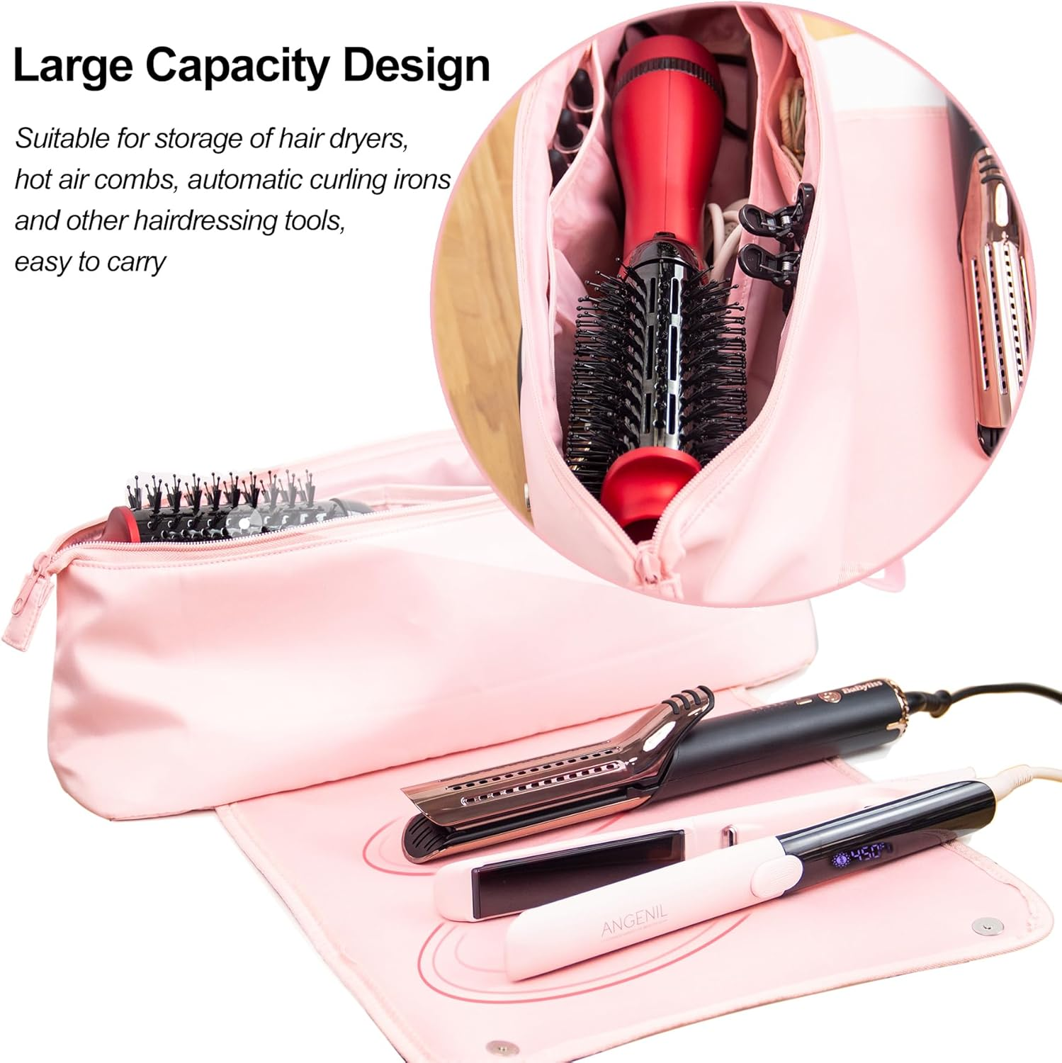 ANGENIL Hair Straighteners Curls Heat Resistant Pad and Curling Iron Set Hair Tools Travel Bag 2 in 1 for Hair Straighteners, Hair Styling Tools, Hair Dryer, Hair Tools Heat Resistant Bag Large - Pale Pink image number 3