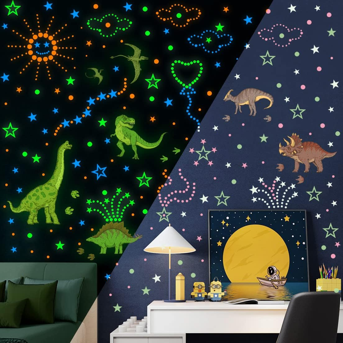 925Pcs Glow in the Dark Dinosaur Wall Decals Removable DIY Glowing Blue Green Yellow Stars and Dots Wall Stickers PVC Peel and Stick Fluorescent Luminous Wall Decor for Kids Bedroom Baby Boys image number 4