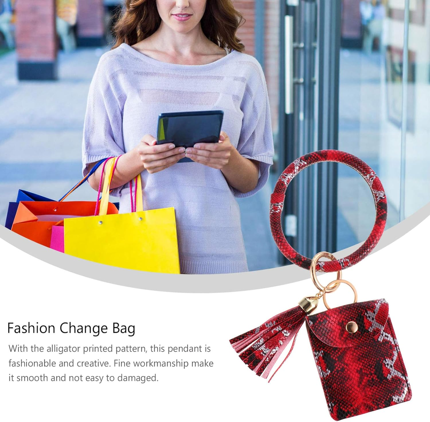 1 Pc Bracelet Keychain Leather Tassel Key Ring Wristlet Ring Circle Bangle Key Wristlet Keychain Ring Bracelets Backpack Keychain Bangle Keyring Coin Purse Pu Leather Multifunction image number 1