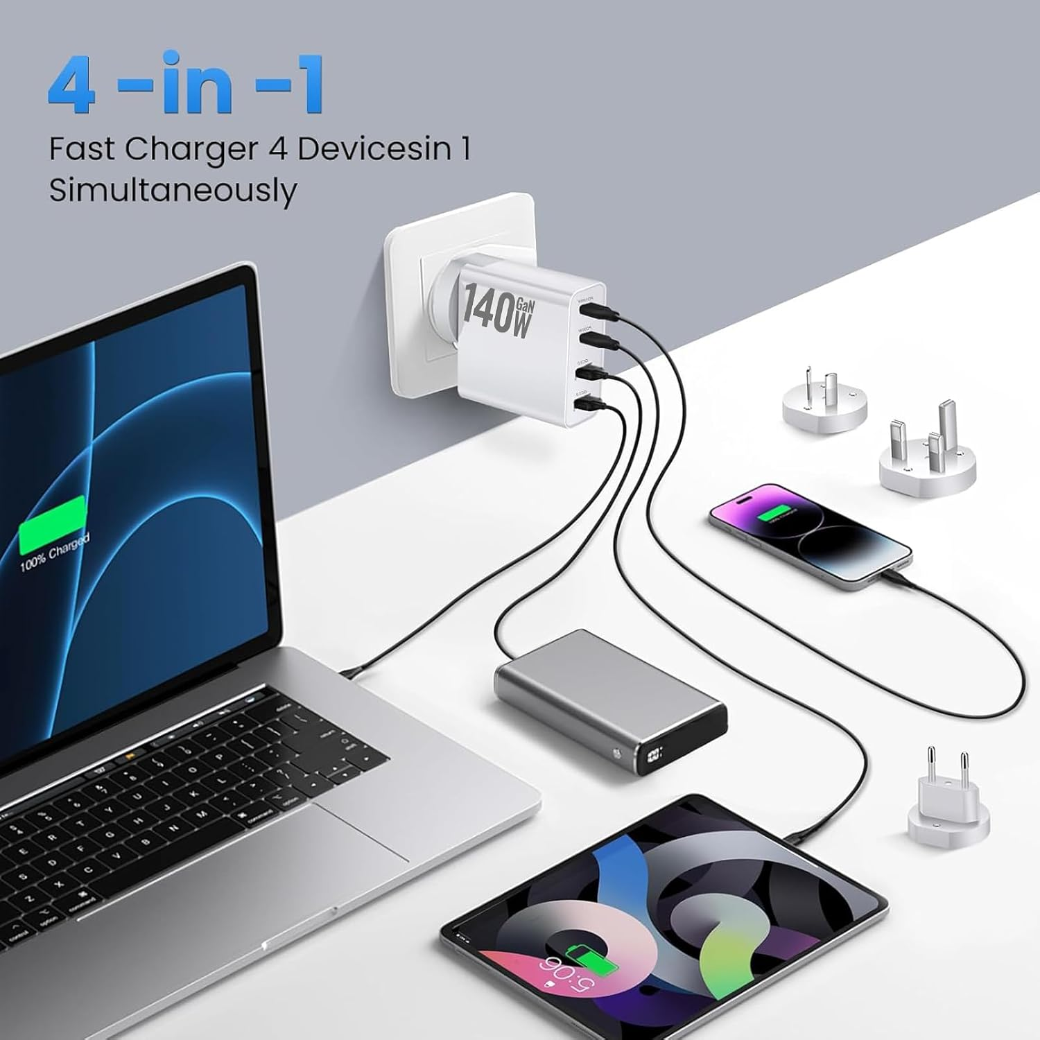 140W USB C Gan Charger - 140W USB-C PD Charger, Qc3.0Wall Charging Block, 2USB-C&2USB-A Laptop Charger Withus, UK, EU, AU Plug Heads&Travel Plugs Compatible with Macbook, HP, Dell, Iphone 16,Forgalaxy image number 6