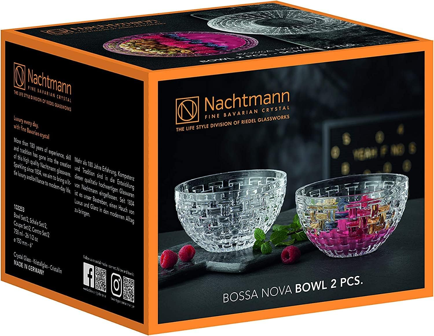 Nachtmann Bossa Nova Collection Bowl | Set of 2 Clear Crystal Glass Bowls | Basket Weave Glass Design | 6 Inch Mixing and Serving Bowl for Salad, Fruit and Snacks | Dishwasher Safe