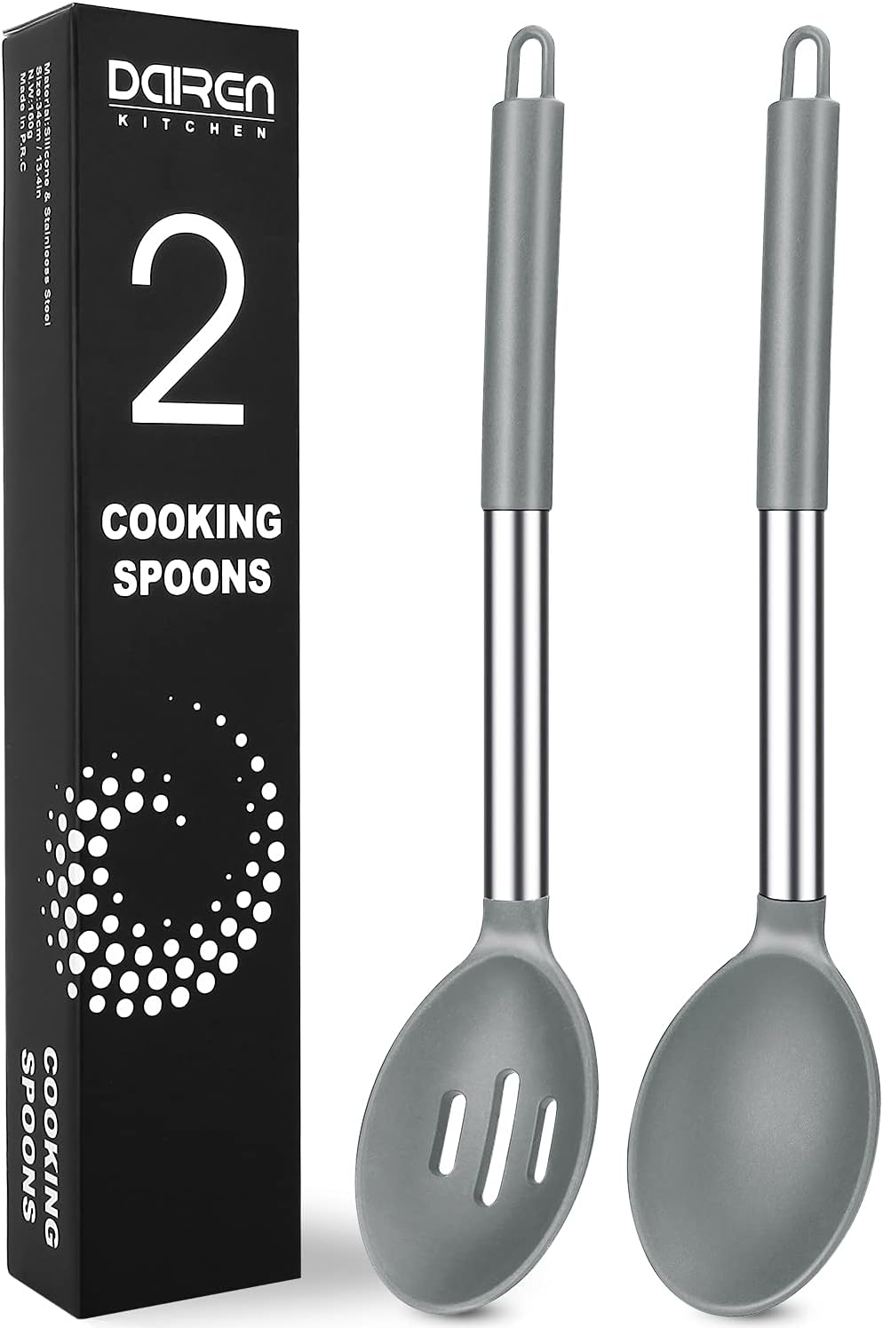 Pack of 2 Large Silicone Cooking Spoons, Non-Stick Stainless Steel Slotted and Solid Spoon Set for Serving, Mixing, Draining, Heat Resistant, Scratch Resistant and BPA Free Kitchen Scoops (Black)