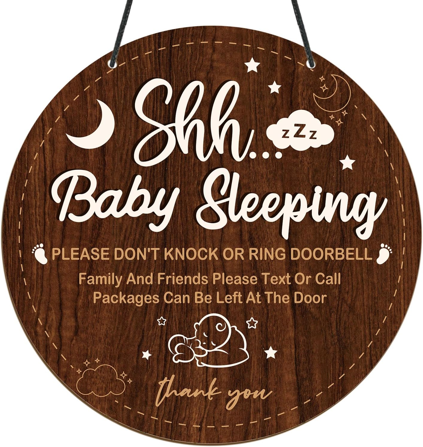 Baby Sleeping Sign for Front Door - Shejdgart Please Do Not Knock or Ring Doorbell Sign Shhh Baby Sleeping Door Hanger Wooden No Soliciting Doors Signs for Nursery Home Bedroom School Decor image number 5
