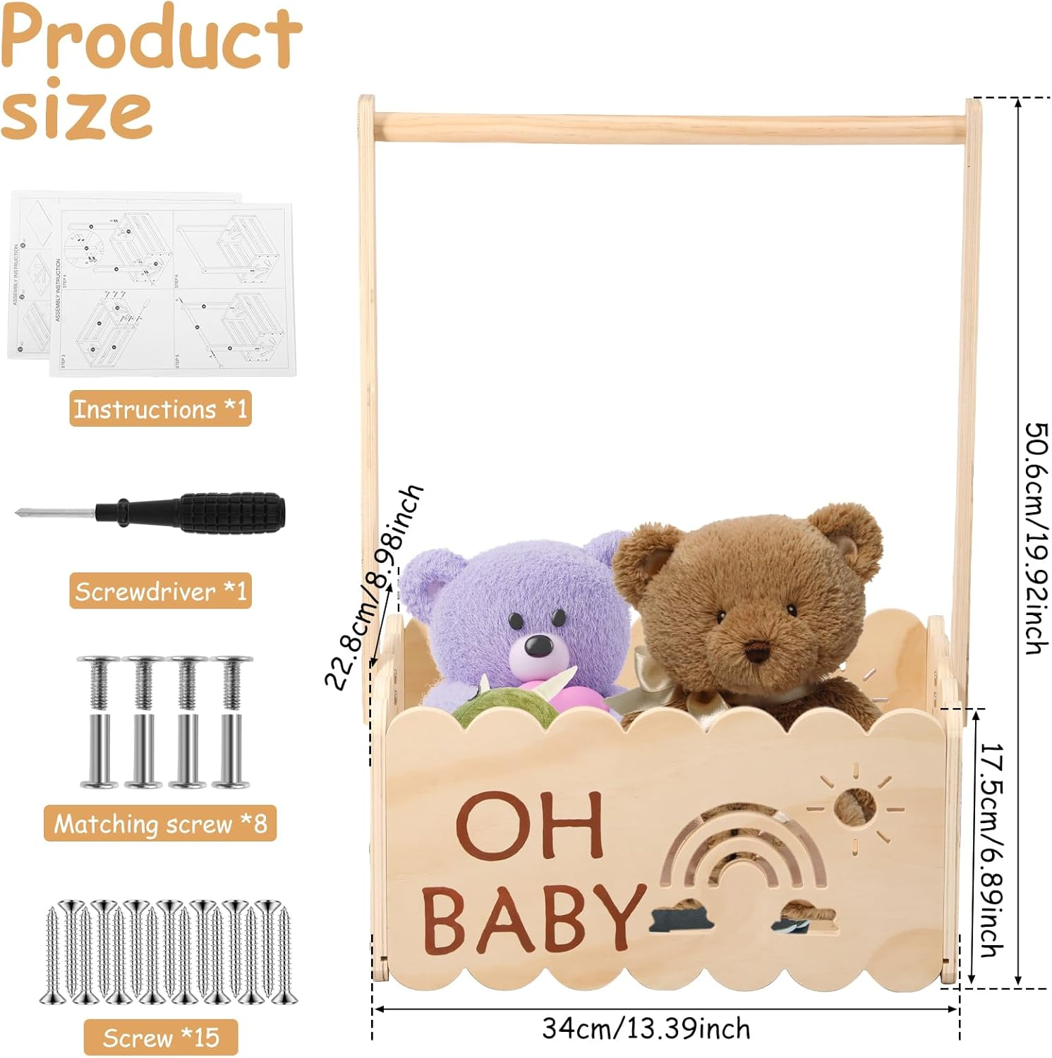 Awobepl Baby Shower Crate with Handle Wood Baby Crate Closet Cute Baby Hamper Basket Practical Baby Storage Crate for New Born Baby New Parents image number 4