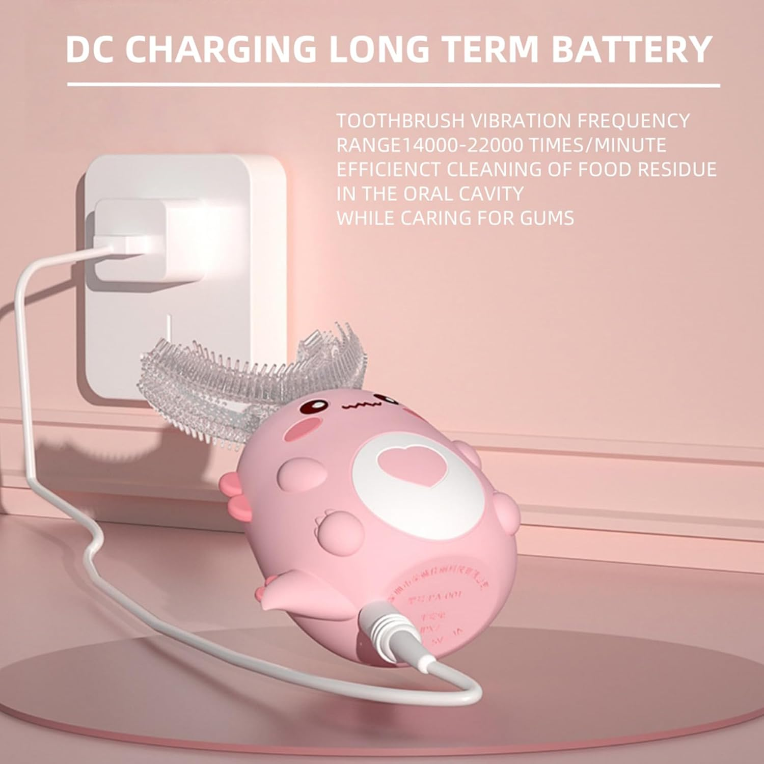 PLAYIKO Kids U Shaped Electric Toothbrush with 4 Brush Heads, 360&deg; Sonic Automatic Toothbrush with 3 Cleaning Modes, IPX7 Waterproof Cartoon Dinosaur Design (Ages 2-12) - Pink image number 5