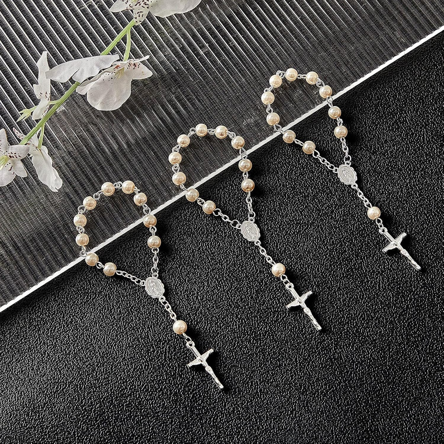 30 Pieces Baptism Rosary Acrylic Rosary Beads Finger Baptism Rosaries Faux Pearls for Baptism Favors Christening Favors Communion Favors Weddings Party Favors, Small, Acrylic Metal image number 2