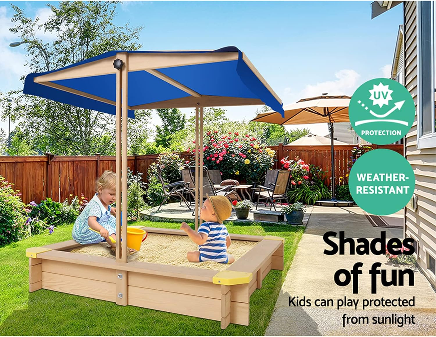 Keezi Kids Sandpit, Wooden Water Table Sand Pit Play Toys Sandcastle Garden Patio Beach Activity Outdoor Toy Games, with Adjustable Canopy Ground Sheet Large Seat Blue