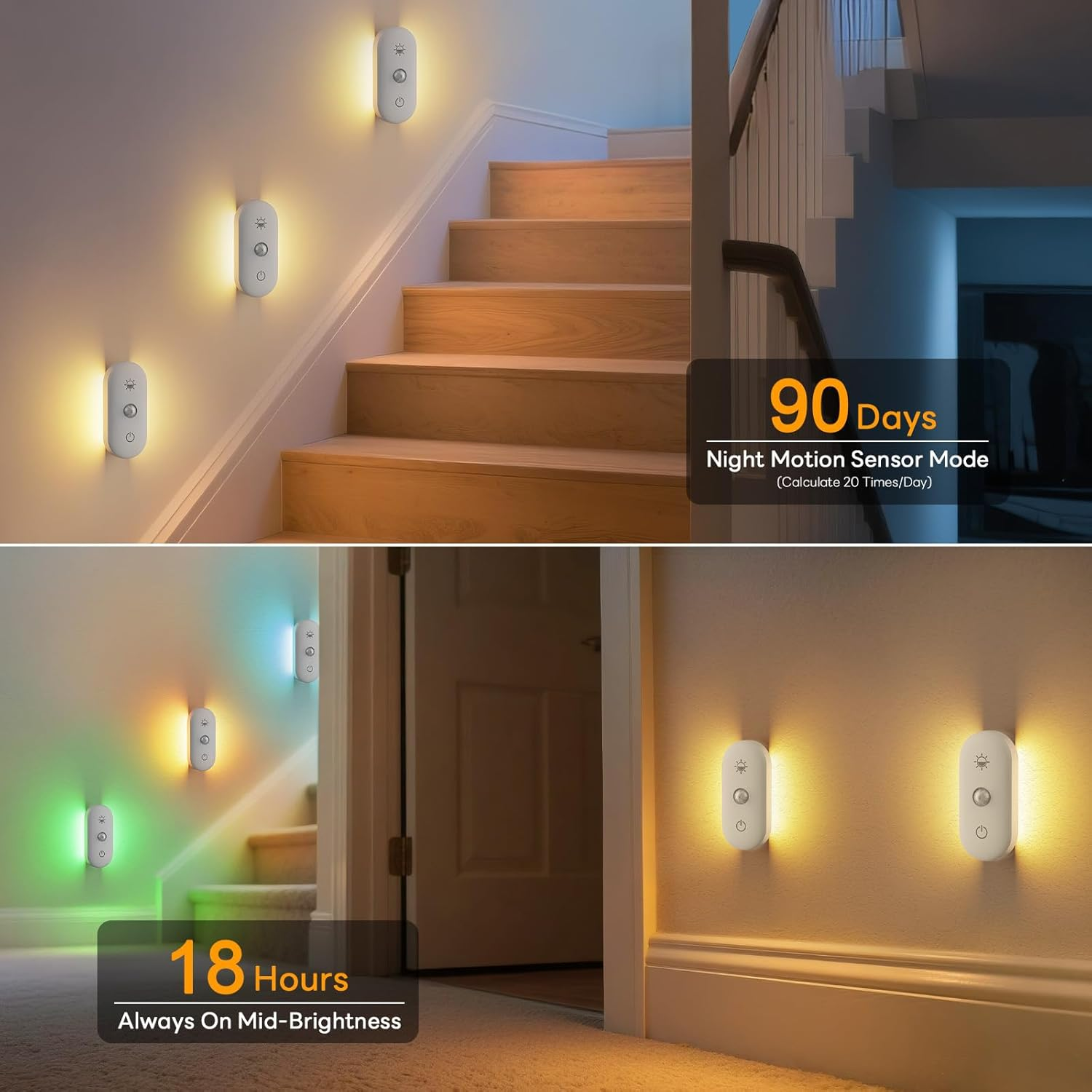 Hiromeco Rechargeable Night Light for Stair: Motion Sensor with 1800Mah Battery for 90-Nights Navigation - 3000K+RGB for Hallway Stair Safety 6-Pack image number 2