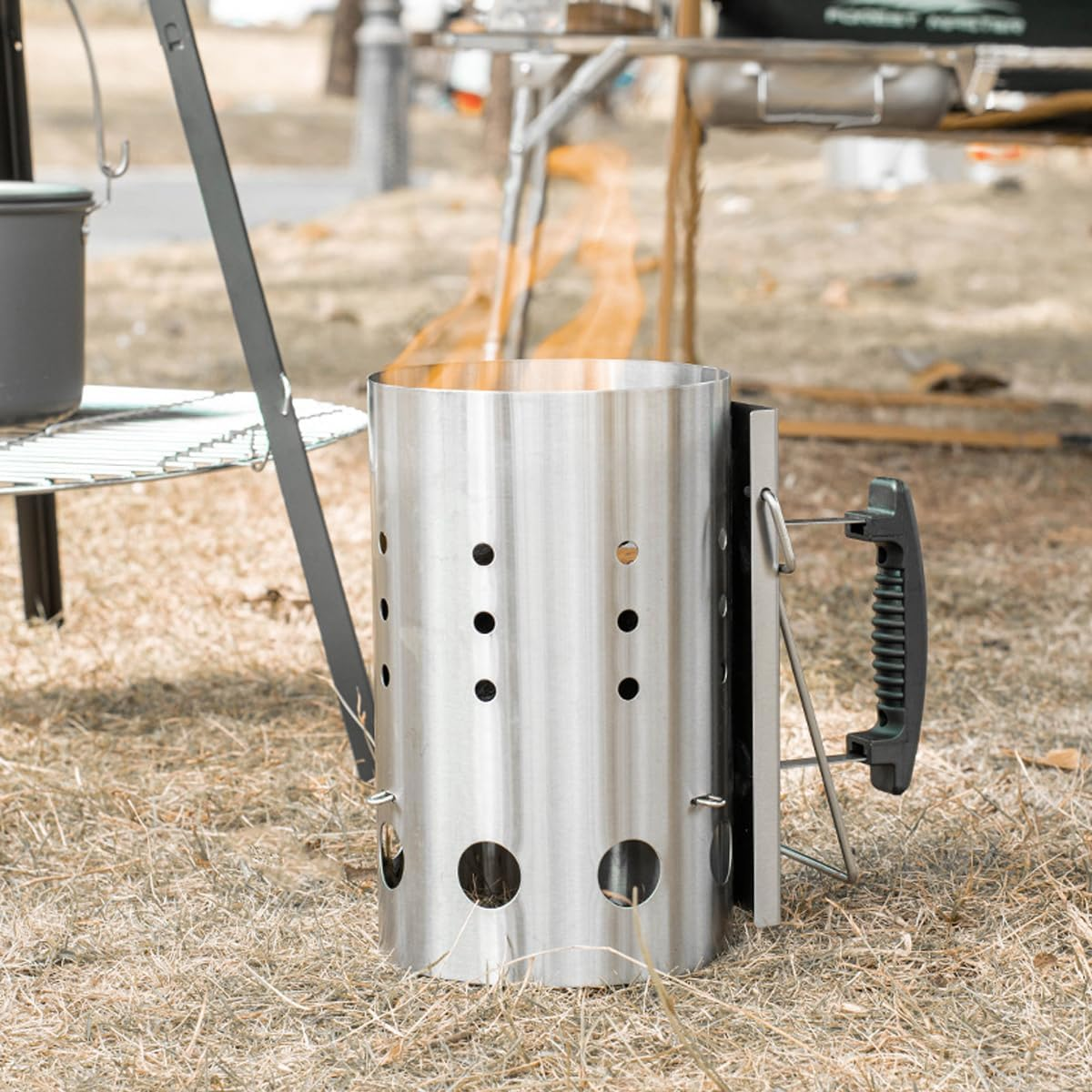 AIMALL Stainless Steel Charcoal Chimney Starter Barrel 7.08In X 10.77In Portable BBQ Fire Starter with Heat-Resistant Handle for Outdoor Grilling Camping Cooking Silver image number 2