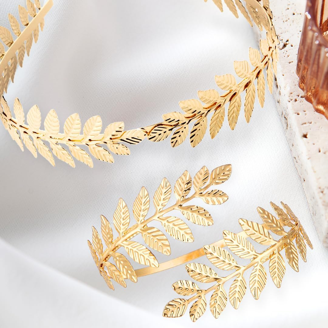 Laurel Wreath Headband Headdress Gold Set, Greek Goddess Golden Jewellery Costume Accessories Women, Golden Crown Headband Leaf Spool Upper Bangle Bracelet Earrings Metal Hair Accessories image number 3