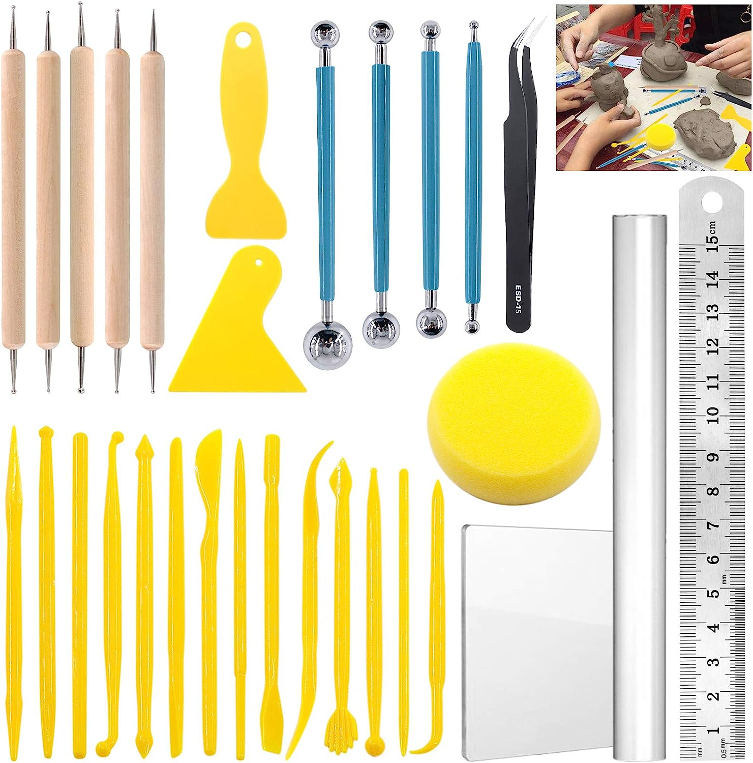 Glarks 30Pcs Carving Modeling Clay Sculpting Tools Set Including Plastic Crafts Clay Modeling Tools, Dual-End Dotting Clay Tools and Ball Stylus for Embossing Art, Coloring, Nail Art Painting image number 1